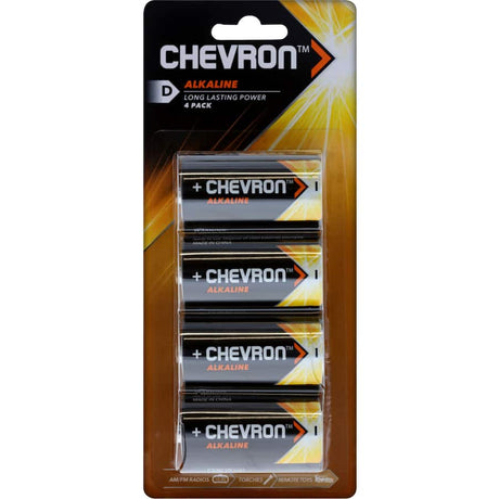 Chevron Alkaline D Batteries in a 4-pack, providing long-lasting power for high-demand devices like radios and flashlights.