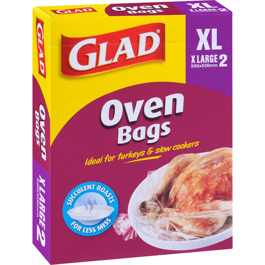 Glad Extra Large Oven Bags, 500x500mm, ideal for mess-free cooking and flavorful roasting of meats and vegetables.