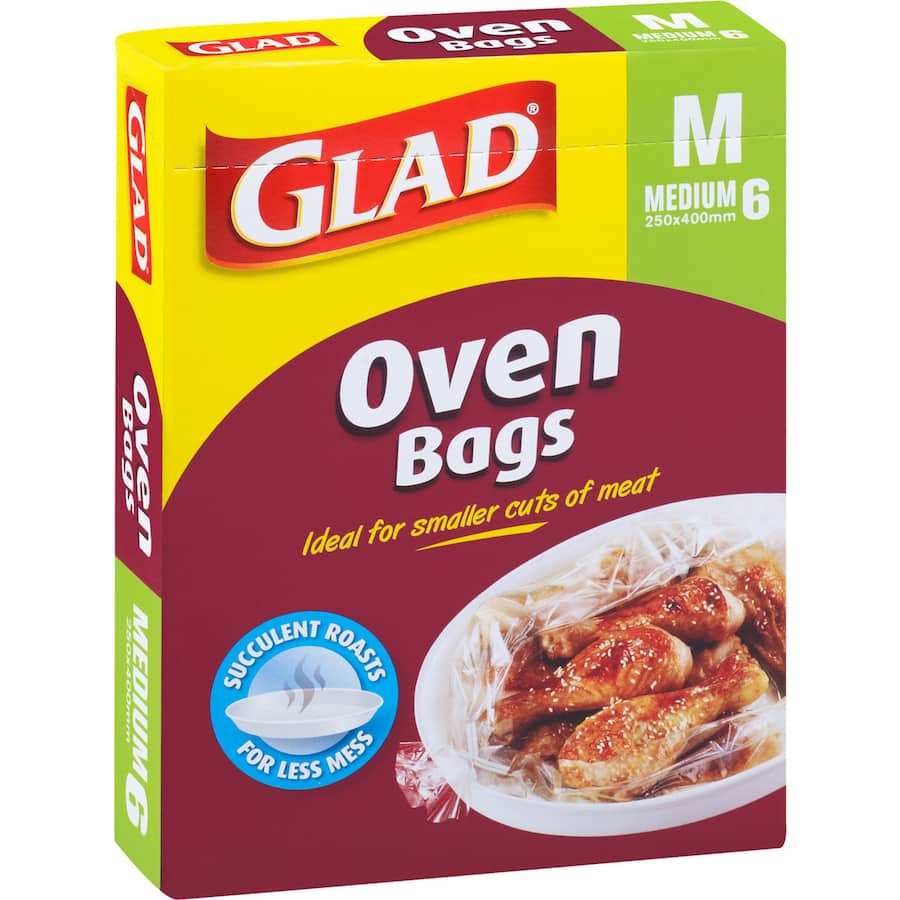 Glad Micro Oven Bags, 250x400mm, for mess-free cooking of meats and veggies, ensuring moisture and flavor retention.