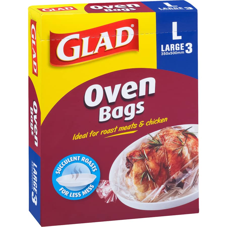 Glad Micro Oven Bags, large size 350x500mm, for mess-free roasting, baking, and steaming while retaining flavors and juices.