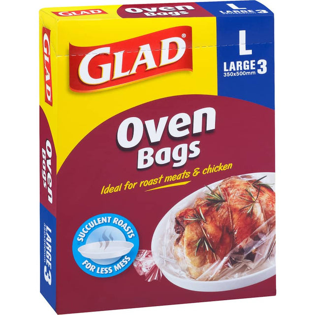 Glad Micro Oven Bags, large size 350x500mm, for mess-free roasting, baking, and steaming while retaining flavors and juices.