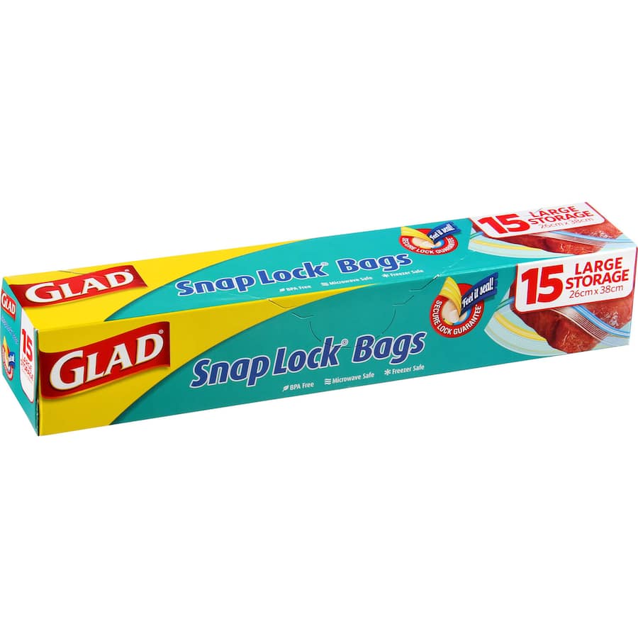 Glad Snaplock Plastic Bags, 26cm x 38cm, featuring a secure snap lock seal, BPA-free, perfect for meal prep and freezer storage.