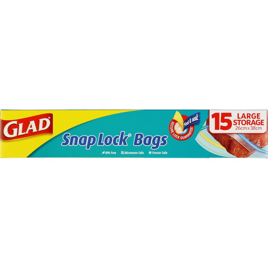 Glad Snaplock Plastic Bags for food storage, 26cm x 38cm, featuring a double lock seal and BPA-free materials.