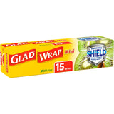 Glad Plastic Wrap Cling Mini for microwaveable food storage, seals freshness, prevents odors, ideal for small dishes.