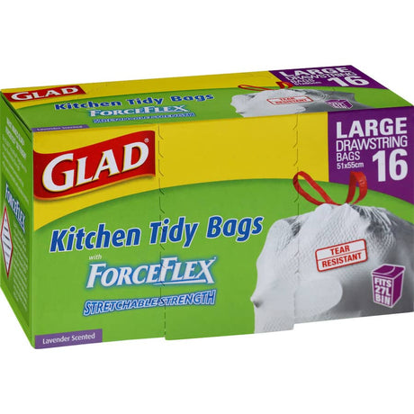 Glad Bin Liners with drawstring, designed for 27L bins, featuring puncture-resistant ForceFlex technology for easy disposal.
