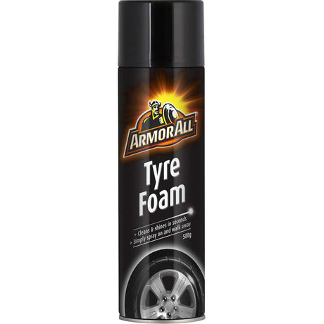Armor All Tyre Foam in an aerosol can, designed to clean, shine, and protect tires for a long-lasting showroom finish.