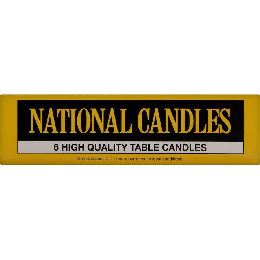 White table set of six non-drip candles, designed for elegance and a warm glow, perfect for any dining occasion.