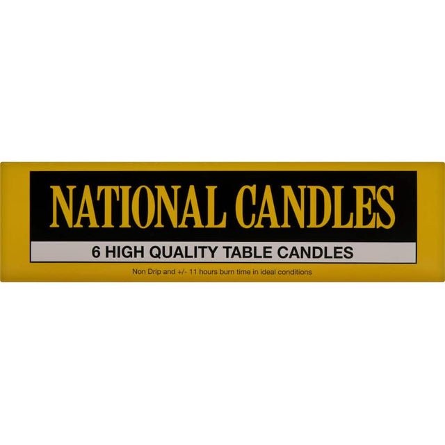 White table set of six non-drip candles, designed for elegance and a warm glow, perfect for any dining occasion.