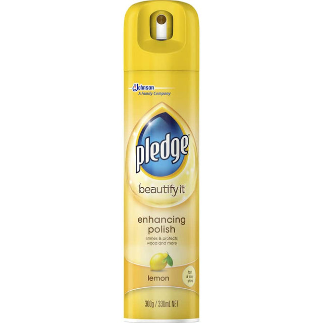 Pledge Furniture Polish Lemon revitalizes wood and laminate surfaces, leaving a streak-free shine with a refreshing lemon scent.