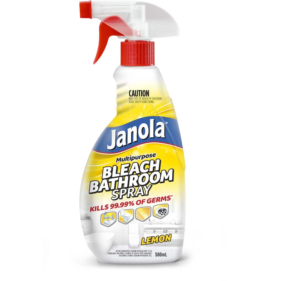 Bright yellow bottle of Janola Spray Cleaner with fresh lemon scent, ideal for disinfecting and cleaning bathroom surfaces.