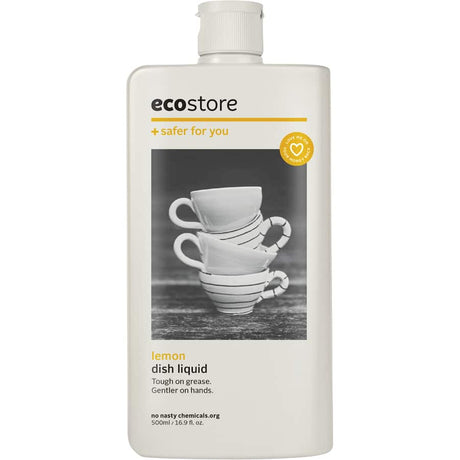 Eco-friendly Ecostore Dishwash Liquid Lemon in a recyclable bottle, cuts through grease while being gentle on skin.