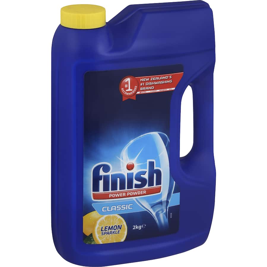 Finish Dishwasher Powder Lemon in a bright yellow container, delivering 2x concentrated cleaning power for sparkling dishes.