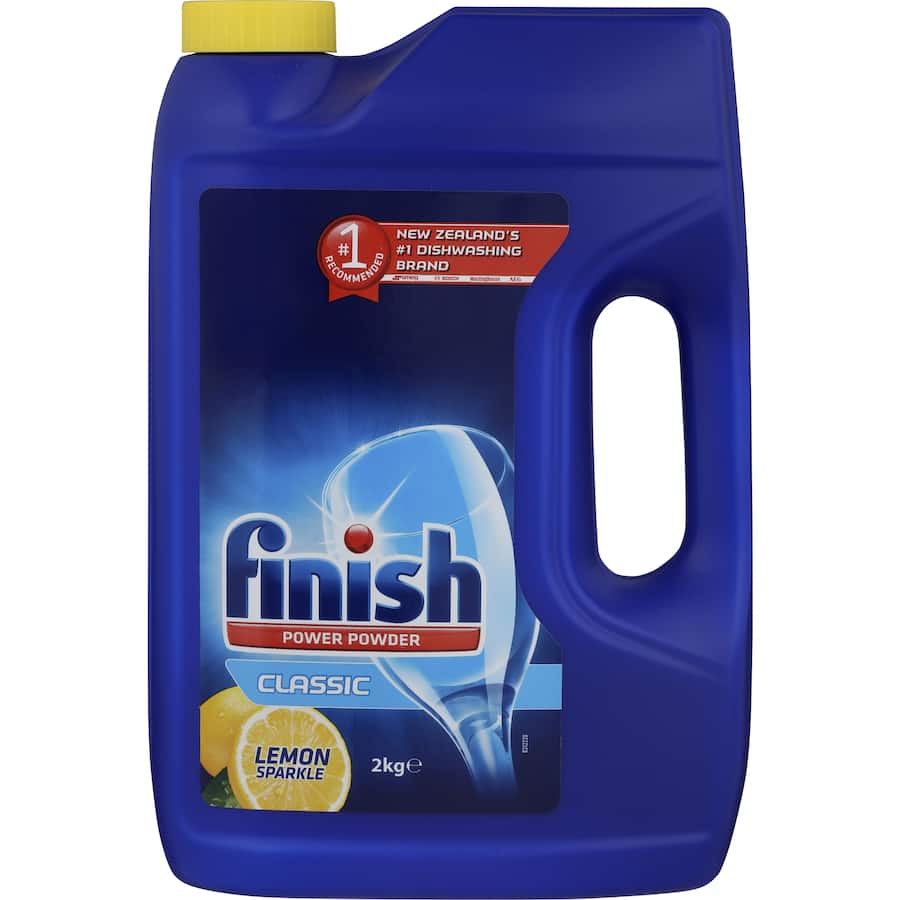 Finish Dishwasher Powder Lemon in a box, featuring a 2x concentrate formula for sparkling clean dishes with a fresh lemon scent.