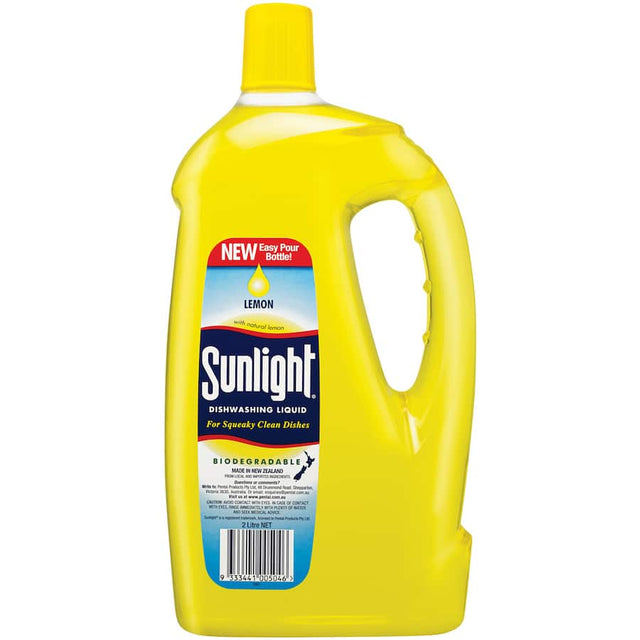 Sunlight Dishwash Liquid with lemon juice for powerful grease removal, leaving dishes clean, shiny, and eco-friendly.