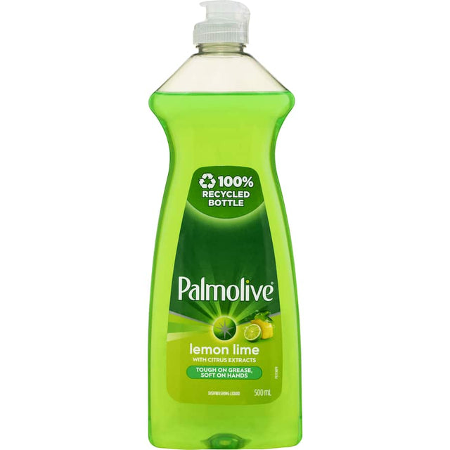 Palmolive Lemon Lime dishwashing liquid in a recycled bottle, tough on grease, gentle on hands, leaves dishes sparkling clean.