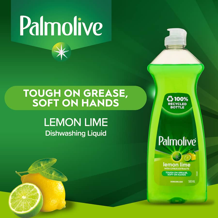 Palmolive Dishwashing Liquid Lemon Lime in a recycled bottle, tough on grease, gentle on hands, with a refreshing citrus scent.