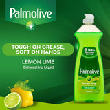 Palmolive Dishwashing Liquid Lemon Lime in a recycled bottle, tough on grease, gentle on hands, with a refreshing citrus scent.