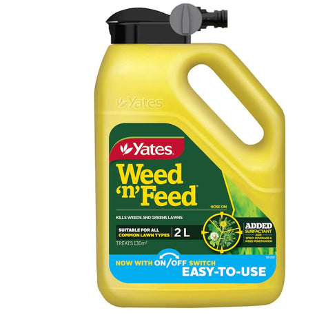 Yates Weed N Feed bottle with hose applicator, designed for effective weed control and promoting lush green lawns.