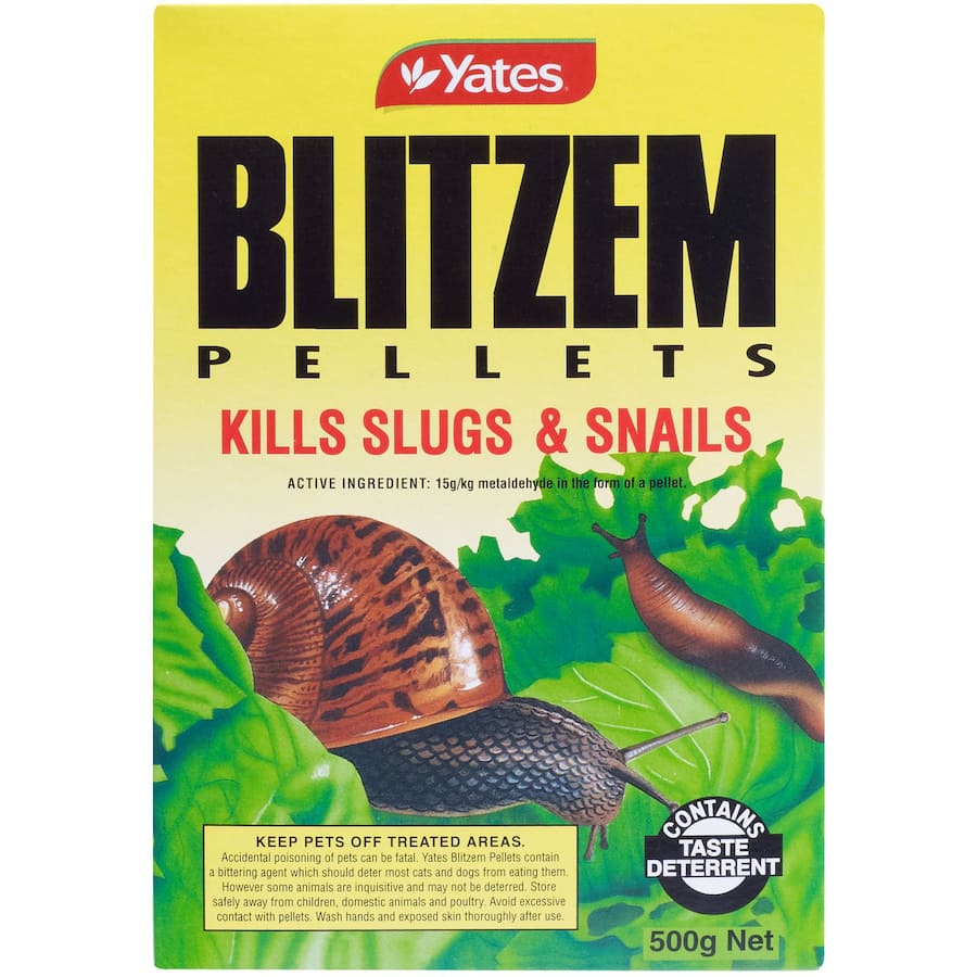 Yates Blitzem bait pellets for effective slug and snail control, safe for pets and eco-friendly, lasting 5-7 days.