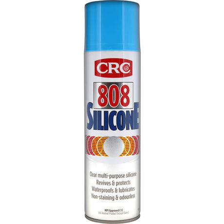 CRC 808 Silicone Spray bottle, ideal for lubrication and protection of various surfaces, with a non-greasy, clear formula.