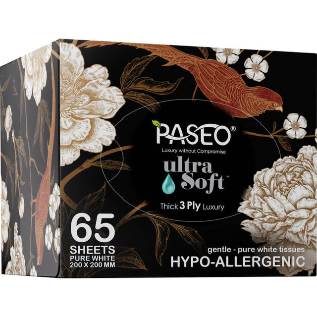 Hypoallergenic Paseo Ultra Soft Tissues in a convenient cube, featuring 3-ply thickness for gentle, strong care.