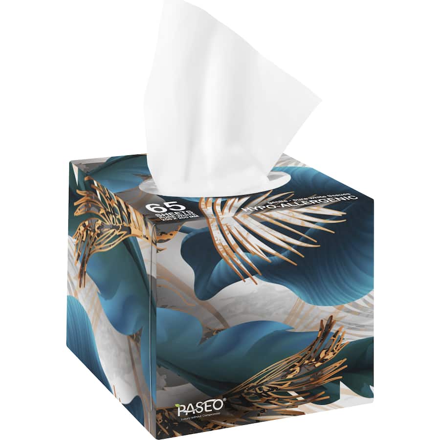 Paseo Ultra Soft 3-ply hypoallergenic tissue cube, featuring pure white softness, strength, and eco-friendly materials for sensitive skin.