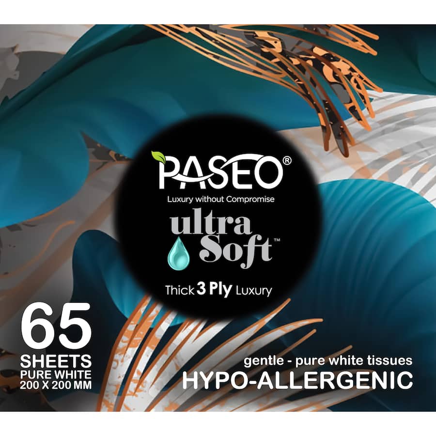 Paseo Ultra Soft Hypoallergenic 3-ply tissues in a cube, offering luxurious softness, strength, and eco-friendly materials.