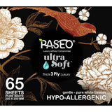 Paseo Ultra Soft Tissues cube featuring hypoallergenic, 3-ply tissue for gentle skin care and eco-friendly sourcing.