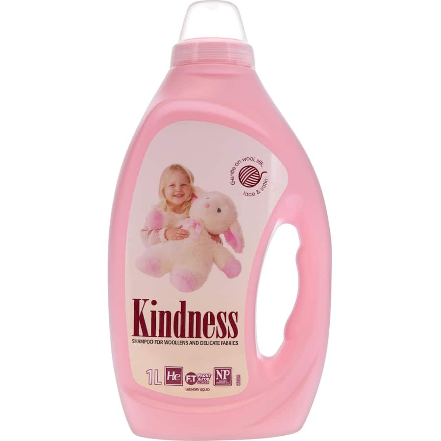 Biodegradable Kindness Woolwash Liquid for gently cleaning and preserving woollen garments and delicate fabrics.