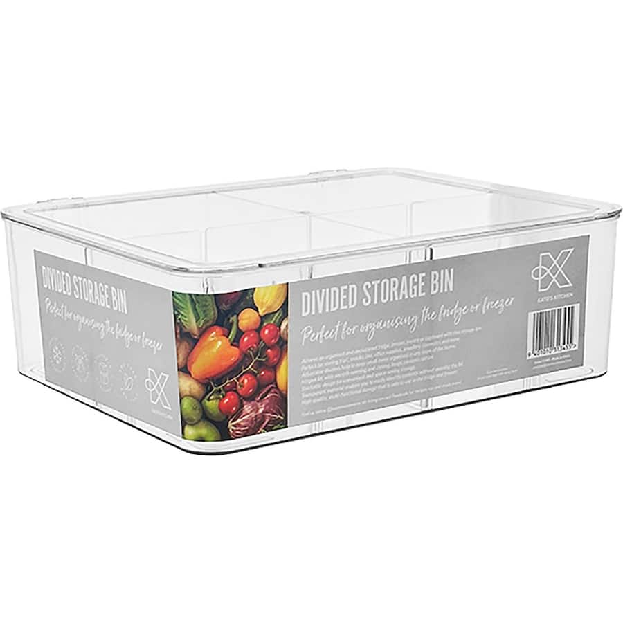 Clear divided fridge storage container with compartments for organized food storage, crafted from BPA-free plastic.