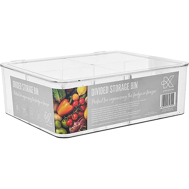 Clear divided fridge storage container with compartments for organized food storage, crafted from BPA-free plastic.