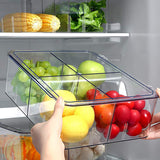 Clear divided fridge storage container from Kate's Kitchen for organized food storage and easy access to snacks and ingredients.