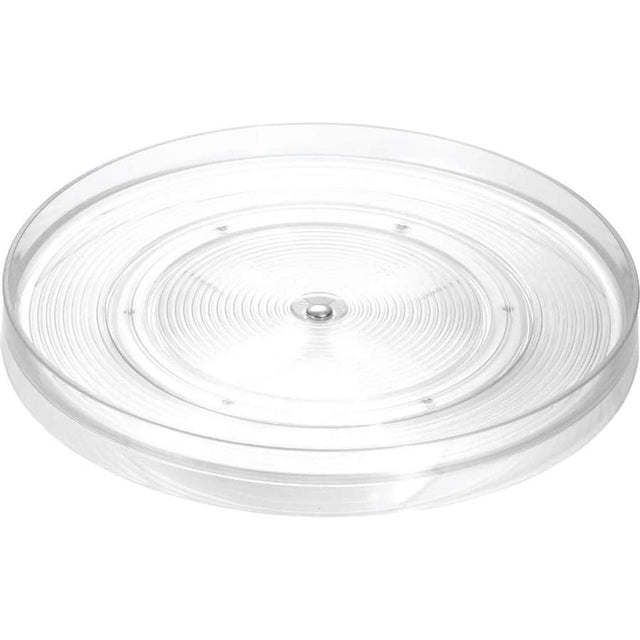 Clear large turntable for organizing kitchen essentials, offering easy access to spices, sauces, and cooking ingredients.