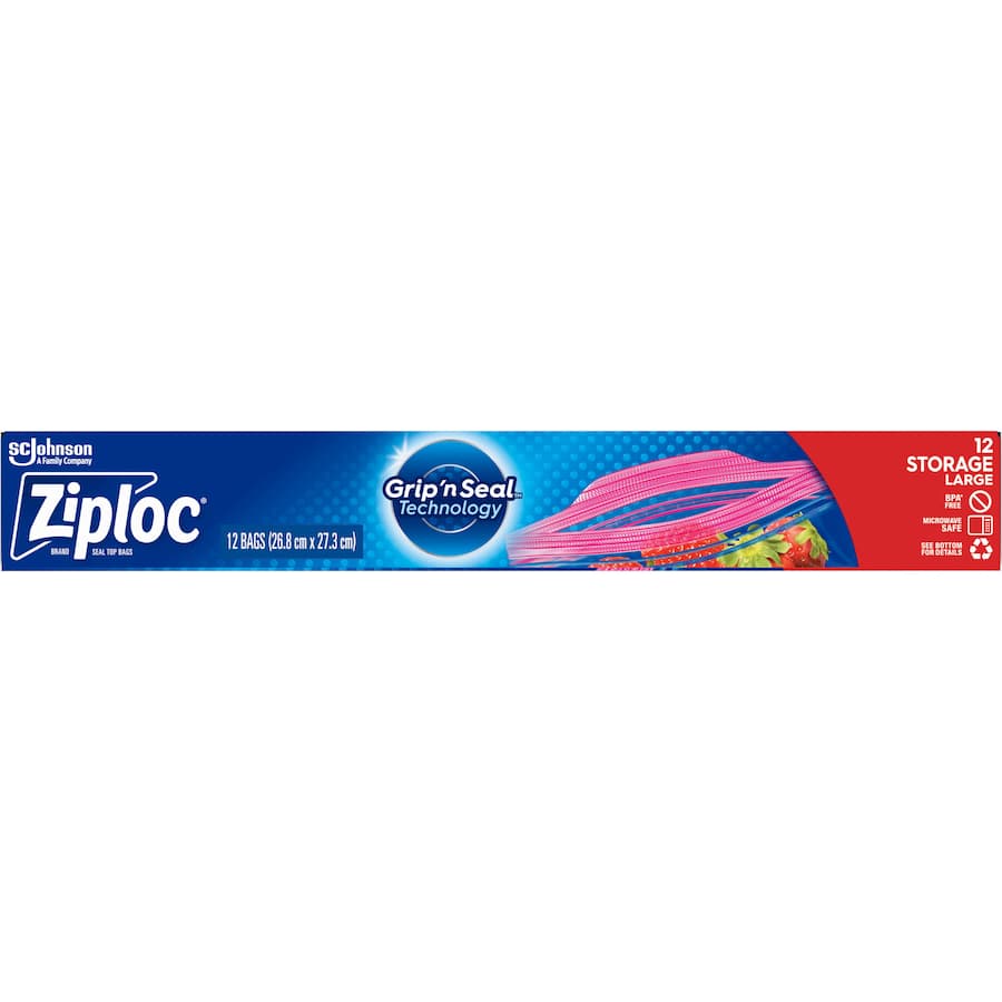 Large Ziploc Storage Bags with Easy Open Tabs, ideal for sealing freshness and preventing freezer burn for food storage.