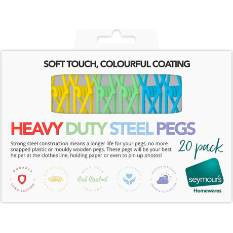 Vibrant PVC coated steel clothes pegs, rust-resistant, ergonomic design for secure grip indoors and outdoors.