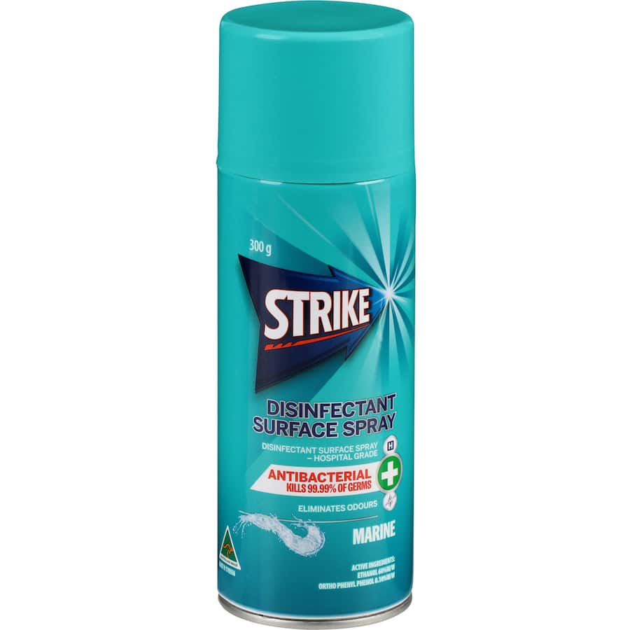 Strike Disinfectant Spray Marine Fresh in a 300g canister, kills germs and neutralizes odors with a refreshing marine scent.