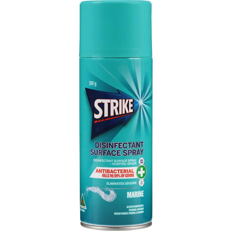 Hospital-grade disinfectant spray in marine fresh scent, kills germs, eliminates odors, 300g for hygienic spaces.