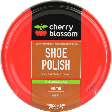 Mid Tan Cherry Blossom Shoe Polish for smooth leather, cleans, protects, and enhances shine for a polished finish.