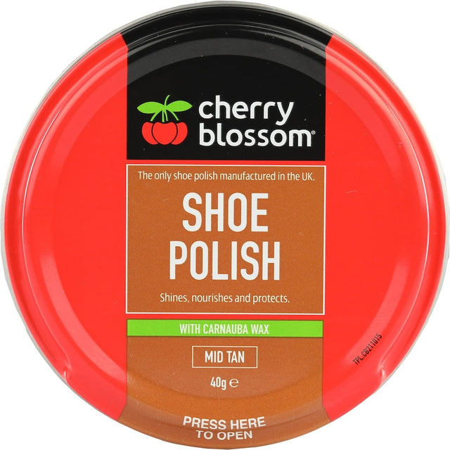 Mid Tan Cherry Blossom Shoe Polish for smooth leather, cleans, protects, and enhances shine for a polished finish.