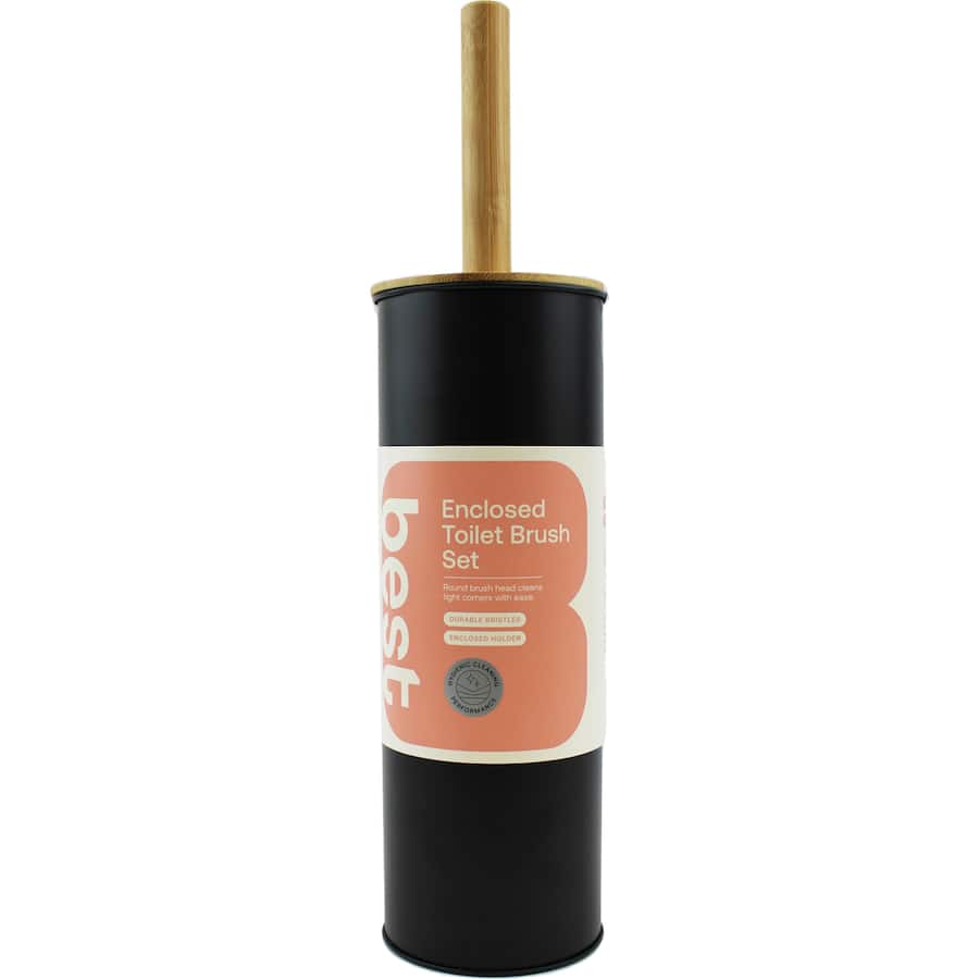 Sleek black enclosed toilet brush set, perfect for modern bathrooms, featuring durable bristles for effective cleaning.