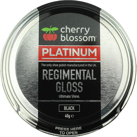 Cherry Blossom Regular Gloss Black Shoe Polish for a high-shine, protective finish on smooth leather footwear.