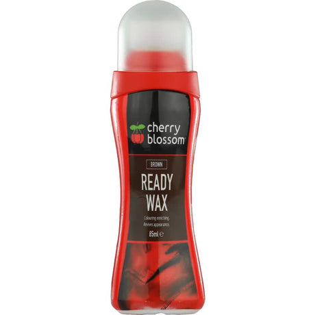 Brown liquid wax shoe polish for smooth leather, restoring shine and protection while covering scuffs. Easy to apply.