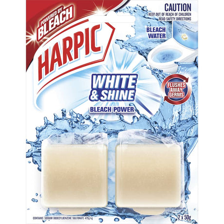 Harpic White & Shine Toilet Block releases bleach and baking soda, keeping toilets clean and fresh with every flush.