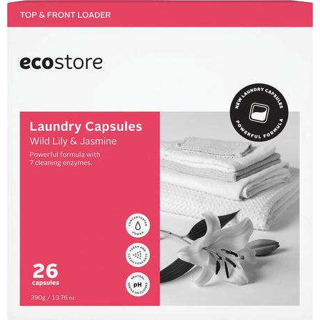 Eco-friendly Ecostore Laundry Capsules in Wild Lily & Jasmine for gentle, effective cleaning and a refreshing scent.