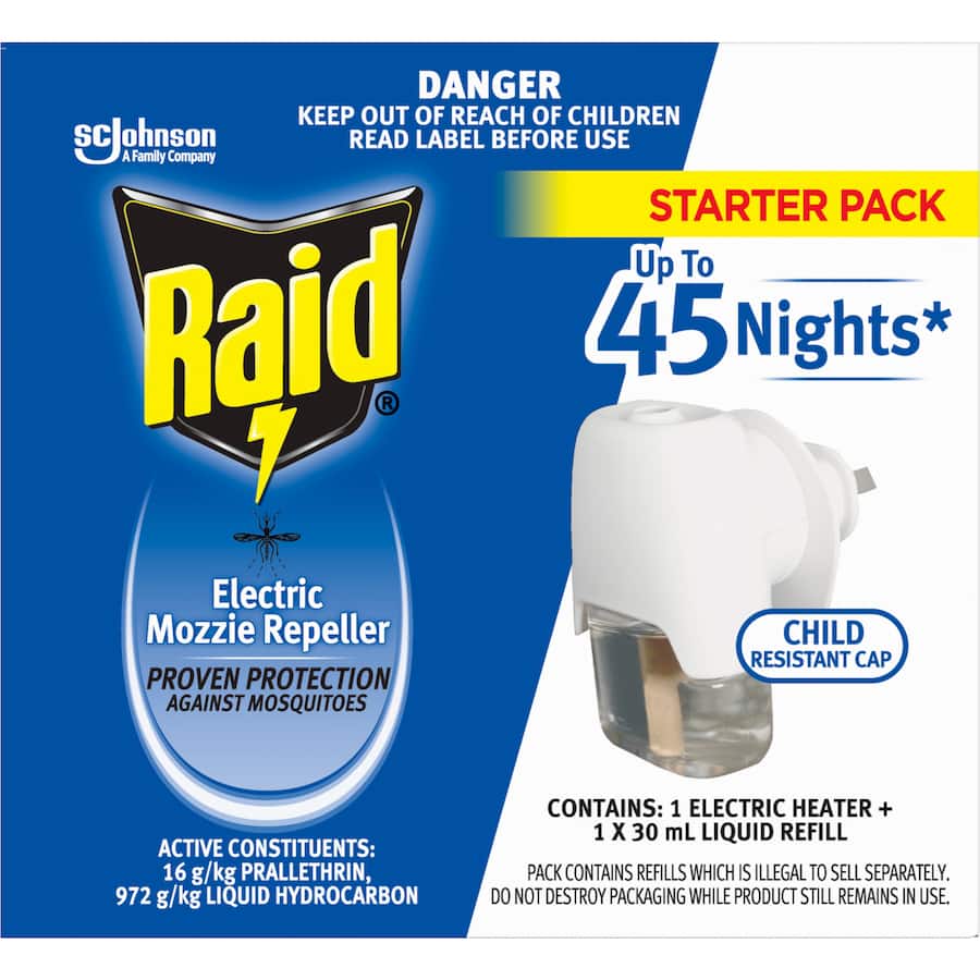 Raid Insect Control 45 Night Mozzie Primary, a liquid repeller offering 45 nights of mosquito protection for restful sleep.