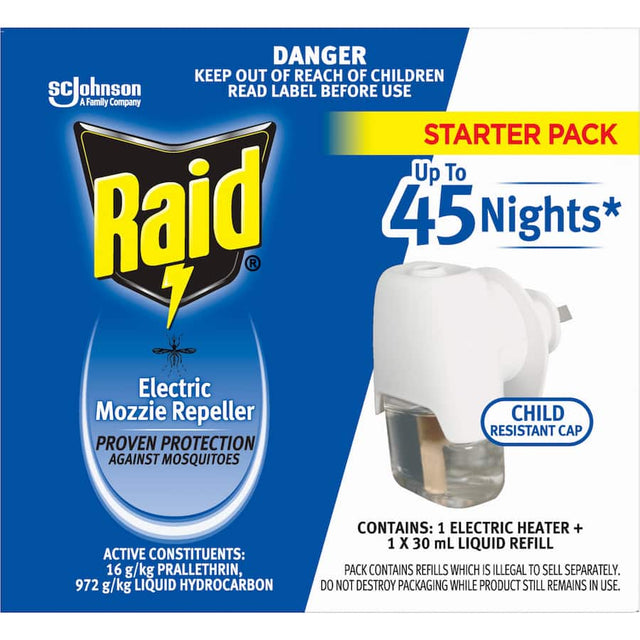 Raid Insect Control 45 Night Mozzie Primary, a liquid repeller offering 45 nights of mosquito protection for restful sleep.