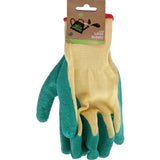 Vibrant green latex garden gloves with breathable knit lining, designed for comfort and protection while gardening.