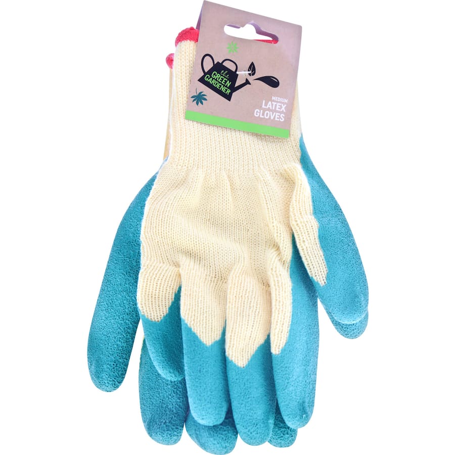 Vibrant green garden gloves made of latex, offering durability, grip, and breathability for comfortable gardening tasks.
