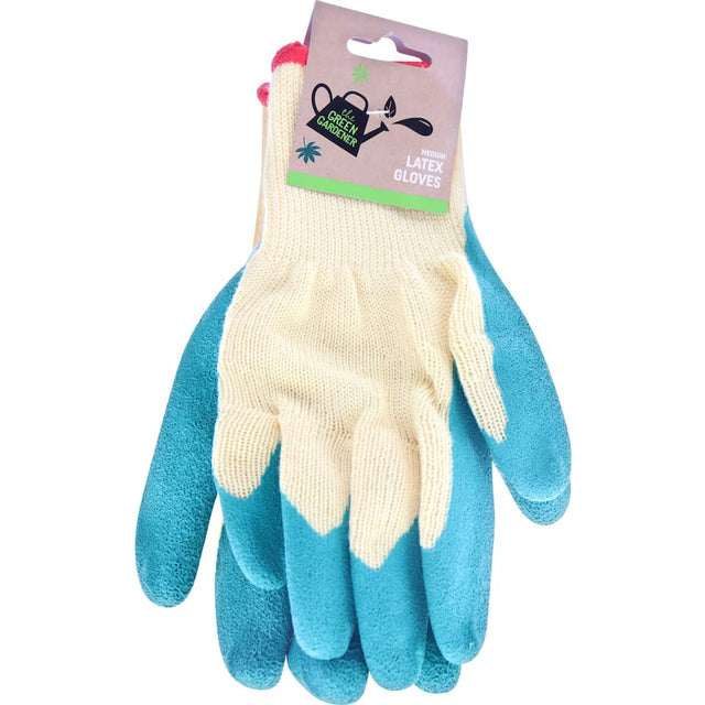 Vibrant green garden gloves made of latex, offering durability, grip, and breathability for comfortable gardening tasks.