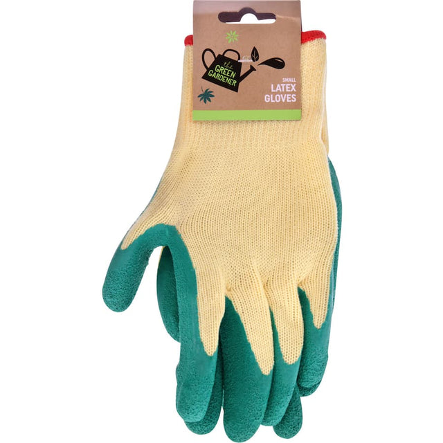Green latex knit gardening gloves in small, designed for comfort and dexterity while protecting hands from dirt and abrasions.